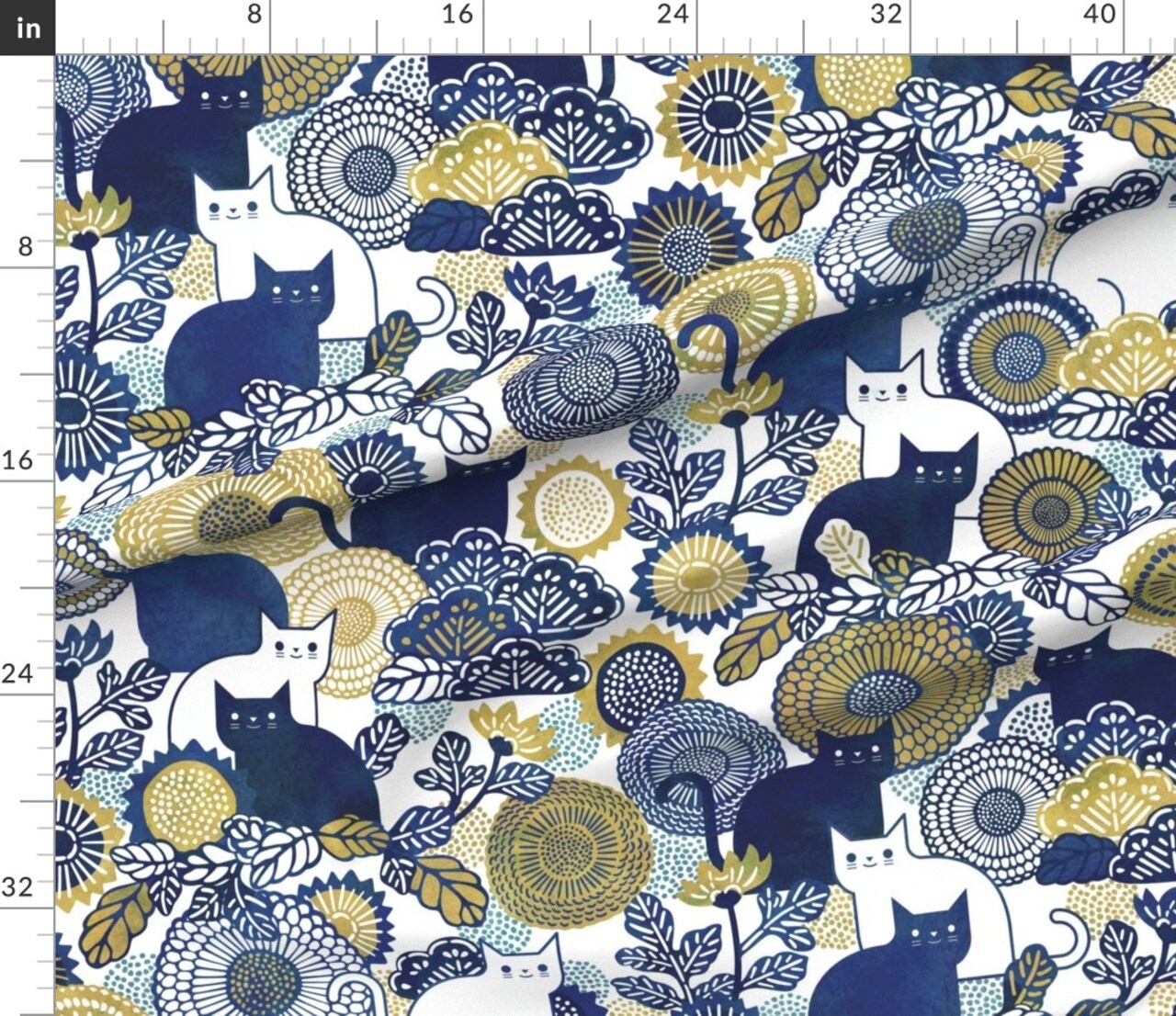 Cat Vintage Floral Gold Cats Navy Blue And Flowers Garden With Custom Printed Fabric by Spoonflower Various Fabrics by the Yard or Fat Quarter